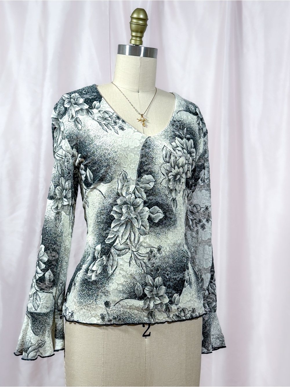 Vintage Y2K Floral Mesh Bell Sleeve Top
